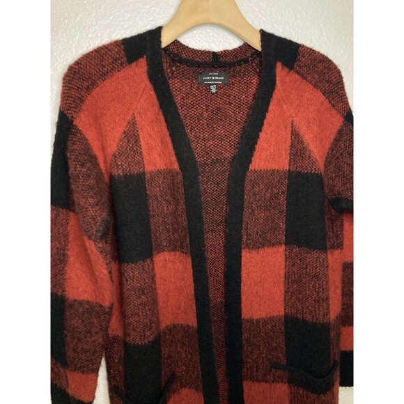 Lucky Brand Womens XS Wool Red Black Buffalo Plaid Long Sweater Cardigan Pockets - Picture 2 of 6